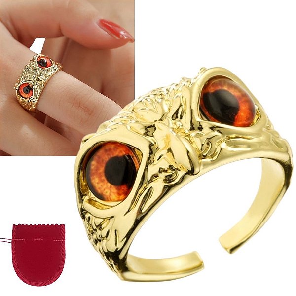 Anel Dourado Banhado a Ouro 18k Coruja Olho laranja Ajustável