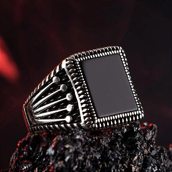 Anel Prateado Preto Esmaltado com Detalhes Regulável