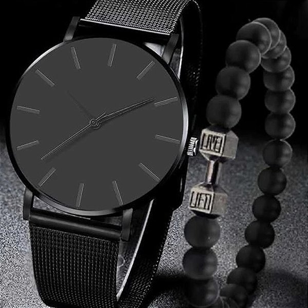 Relógio Pulseira de Aço Total Black Minimalista