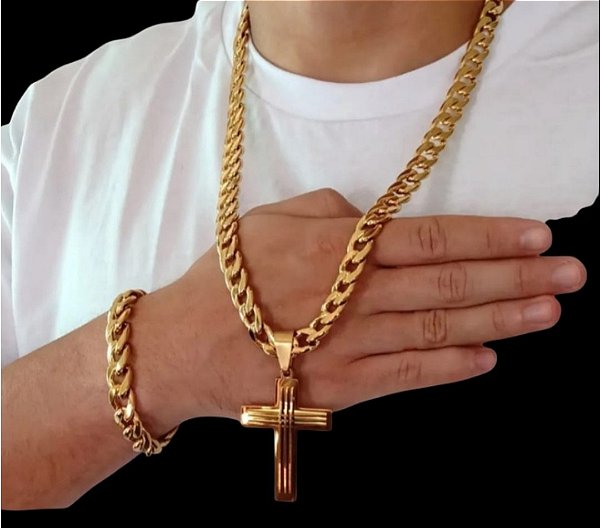 Corrente Masculina Cordão Pingente E Cordão 10 MM Banhado Ouro 18K + Pulseira