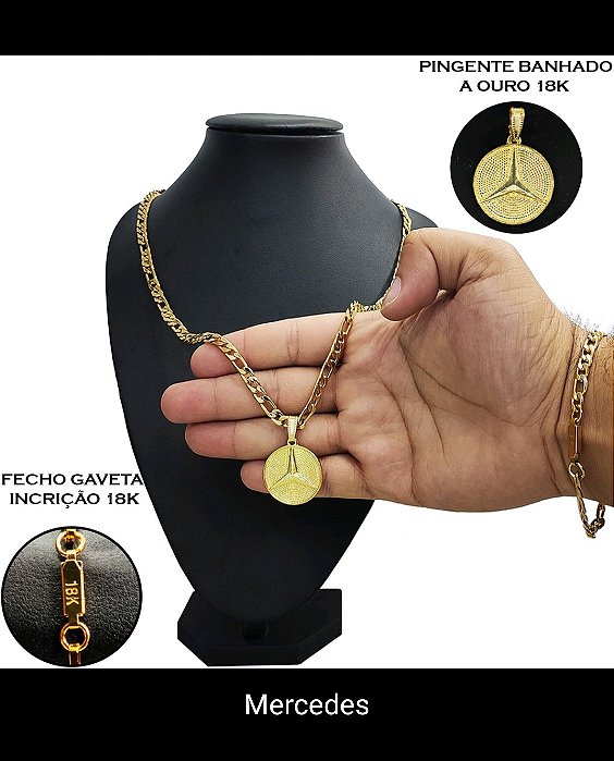 Kit Corrente Masculina + Pulseira + Pingente Mercedes Banhado a Ouro 18K