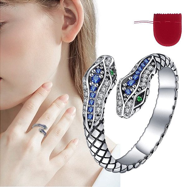 Anel Feminino Prateado  Ajustável Cobra Serpente Snake