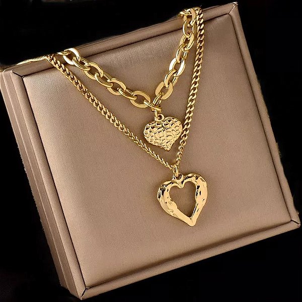 Colar Feminino Duplo Pingente Coração