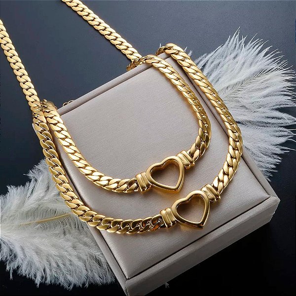 Colar Feminino Coração Folheado Luxo - Conjunto