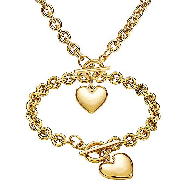 Colar Feminino e Pulseira Coração Folheado Luxo - Conjunto