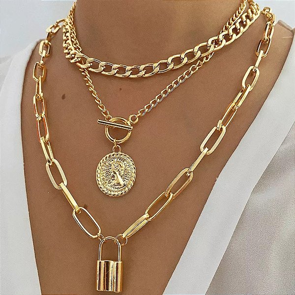 Colar Feminino Pingente Medalha - Conjunto