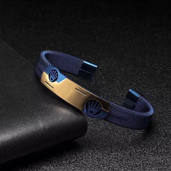Pulseira de Aço Inox Azul Bracelete Coroa da Marca