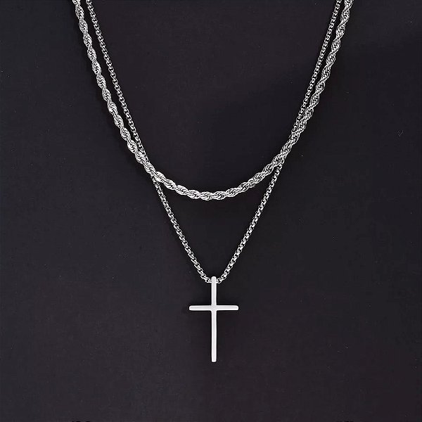 Conjunto de Correntes + Pingente Cruz Aço Inox - Corda