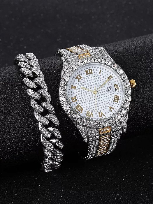 Conjunto Relógio e Pulseira Pedras de Zircônia