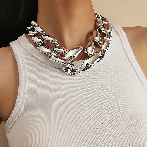 Colar Feminino Prateado Grosso Giovanna