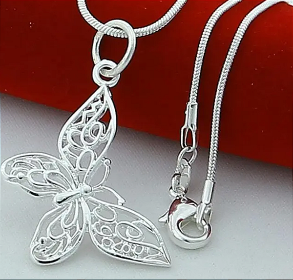 Colar Feminino Banhado Prata 925 Pingente Borboleta