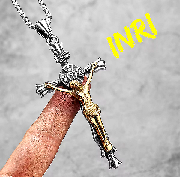 Corrente Cruz Jesus Cristo Crucificado Pingente Aço Inox INRI