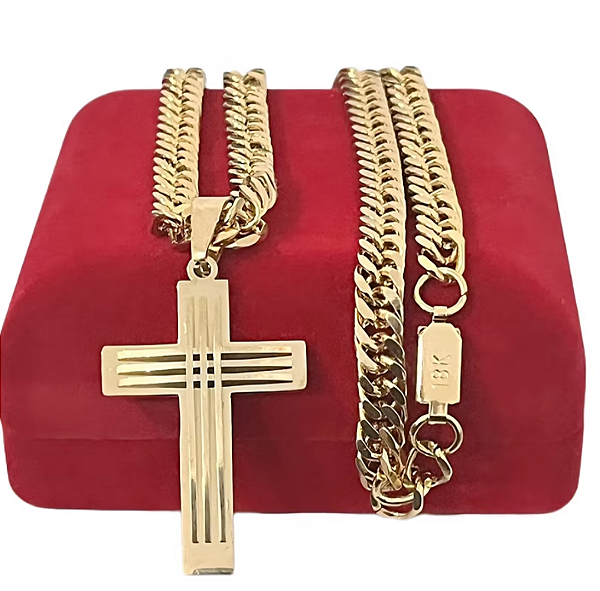 Corrente Masculina 8 mm e Pingente Cruz Banhado Ouro 18K - Cordão