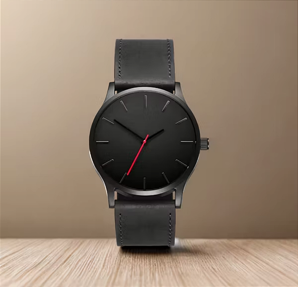 Relógio Masculino Preto Pulseira de Couro Fundo Preto Quartzo