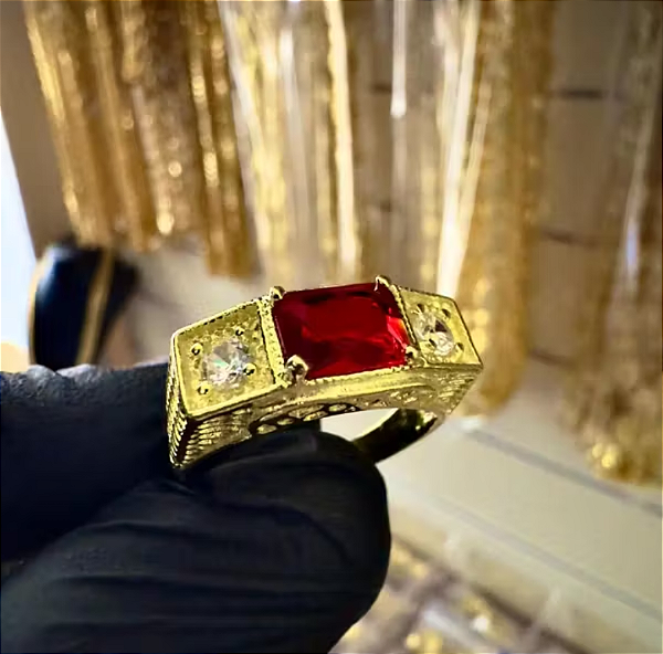 Anel de Formatura Vermelho Ajustável em Moeda Antiga – Pedra Rubi