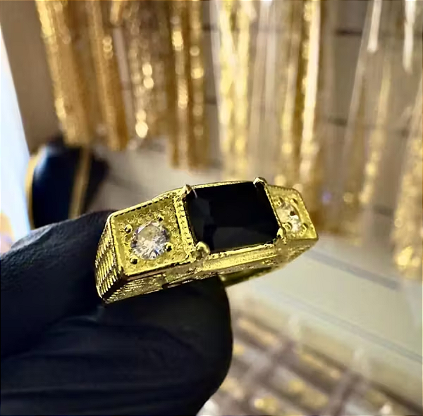 Anel de Formatura Preto Ajustável em Moeda Antiga – Pedra Ônix