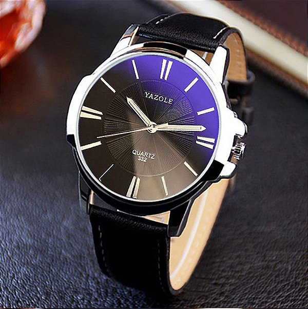 Relógio Masculino Yazole 332 Couro Preto Azulado