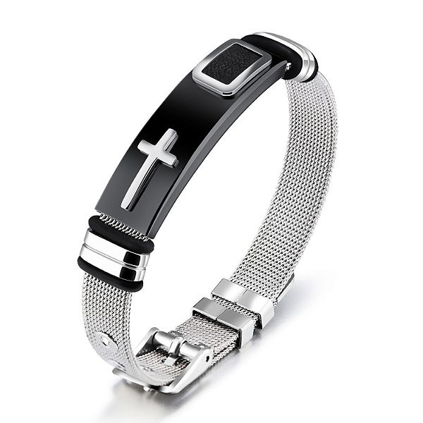 Pulseira de Aço Inox Bracelete com Cruz Prateada Ajustável