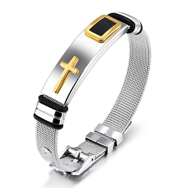 Pulseira de Aço Inox Dourada com Cruz Banhada a Ouro 18K