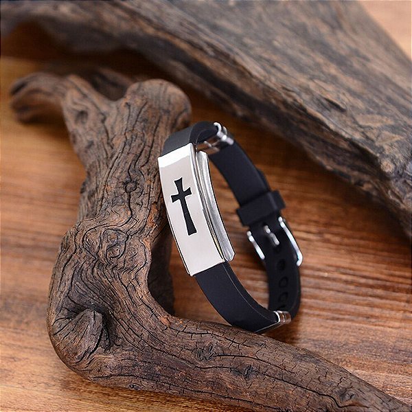 Pulseira de Silicone Masculina Bracelete Preta Cruz Inox