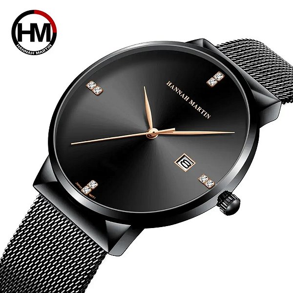 Relógio Masculino Preto Fundo Preto Black Pulseira de Aço