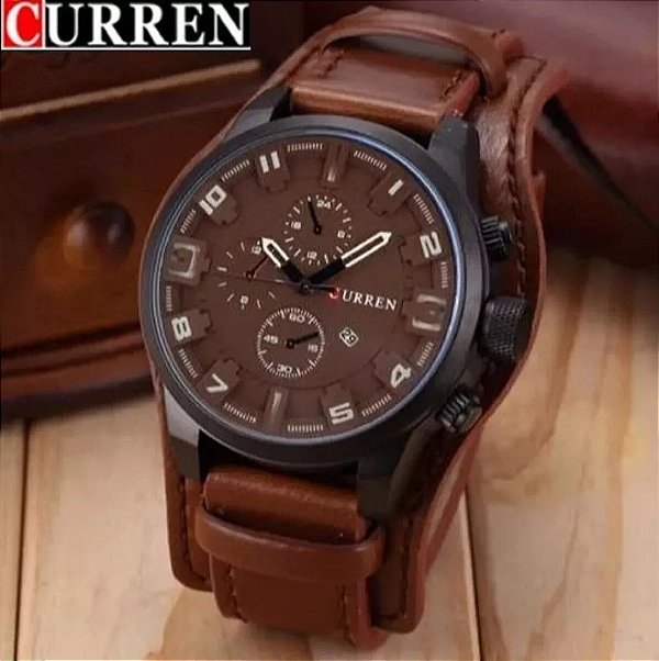 Relógio Masculino Curren Marrom Pulseira de Couro Bracelete Fundo Marrom