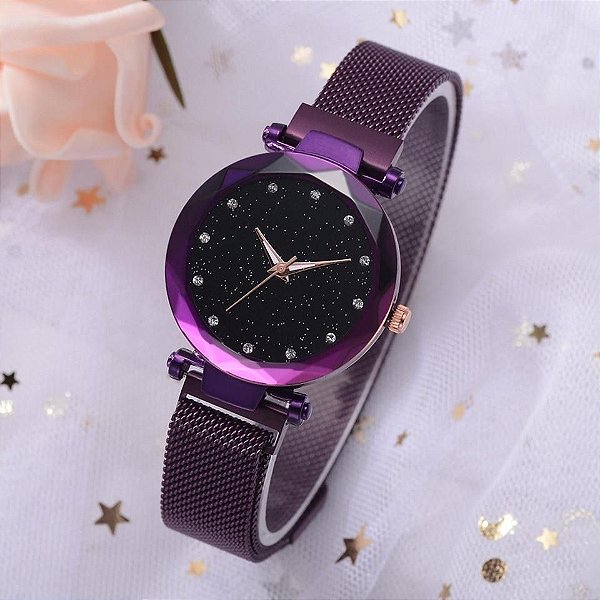 Relógio Feminino Roxo Pulseira em Aço Magnético com Pedras de Strass