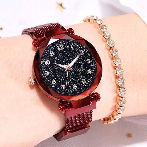 Relógio Feminino Vermelho com números Pulseira em Aço Magnético Céu Estrelado