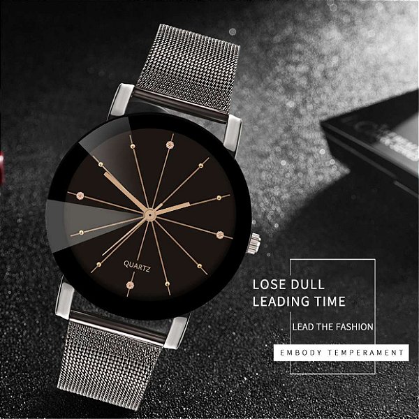 Relógio Feminino Preto Pulseira em Aço Fundo Preto com Detalhes em Prata Pontos de Strass Diamante