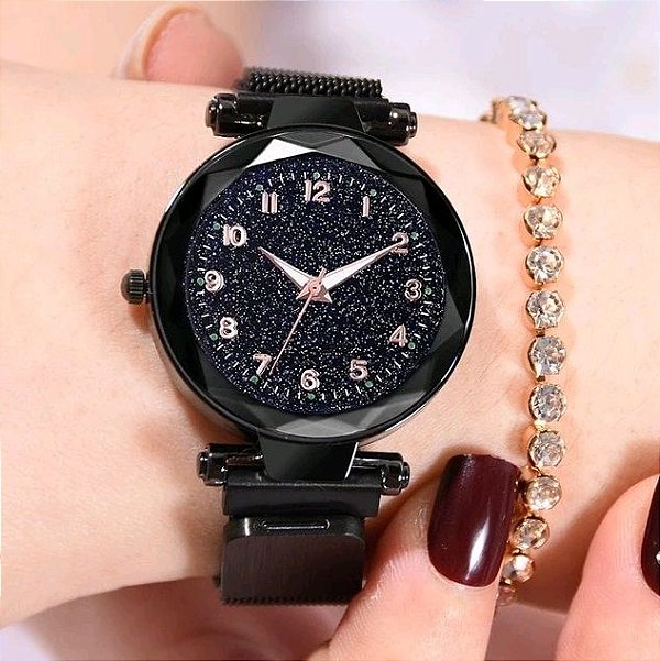 Relógio Feminino Preto Com Números Pulseira em Aço Magnética com Pedras de Strass Céu Estrelado