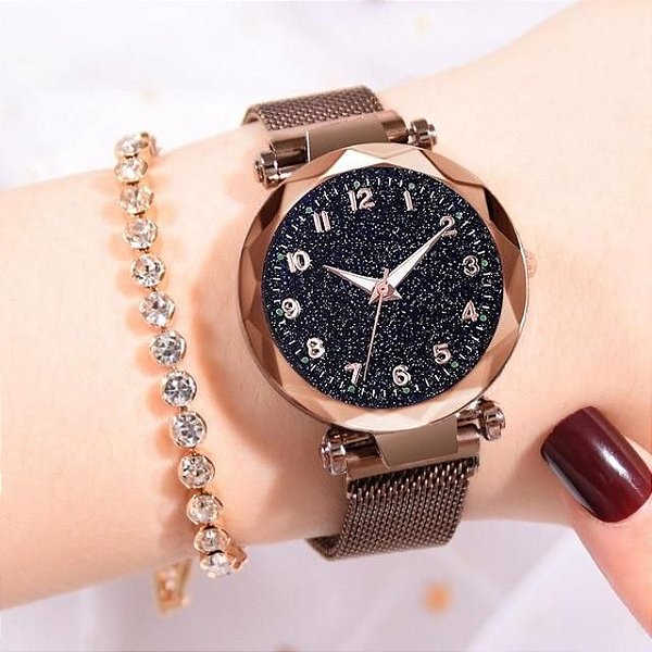 Relógio Feminino Marrom Pulseira em Aço Magnética Céu Estrelado