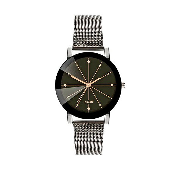 Relógio Feminino Preto Pulseira em Aço Fundo Preto com Detalhes em Prata Pontos de Strass Diamante Negro