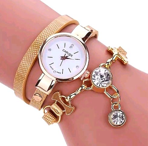 Relógio Feminino Dourado Bracelete Pulseira Duas Voltas Carude Strass