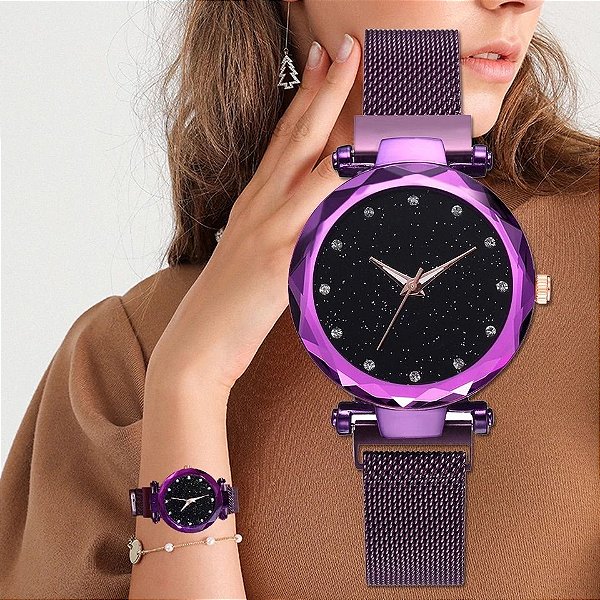 Relógio Feminino Roxo Pulseira em Aço com Pedras de Strass Céu Estrelado