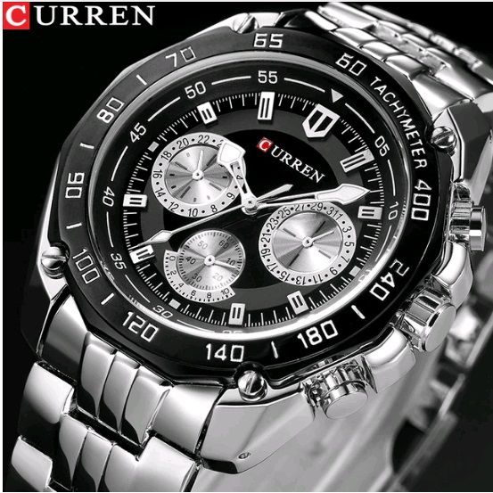 Relógio Masculino Curren Prata Fundo Preto Pulseira de Aço Quartzo