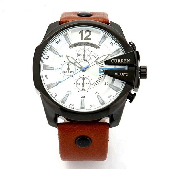 Relógio Masculino Curren Marrom Claro Fundo Branco Pulseira de Couro Quartzo