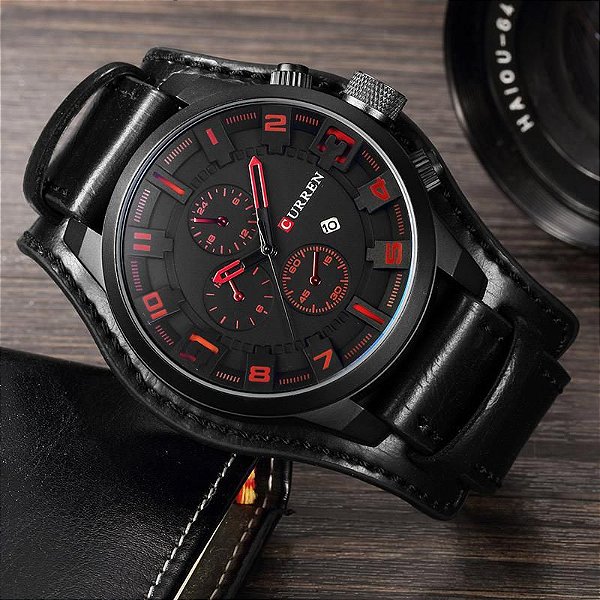 Relógio Masculino Curren Preto com Números Pulseira de Couro Bracelete Quartzo