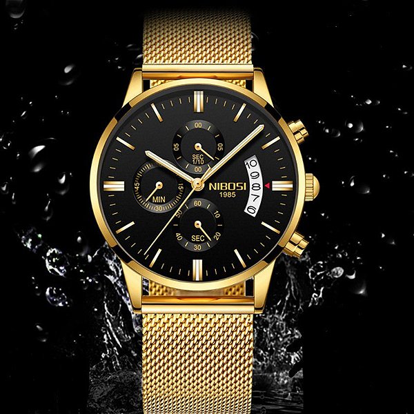 Relógio Masculino Dourado Nibosi Fundo Preto Pulseira de Aço Funcional Cronógrafo