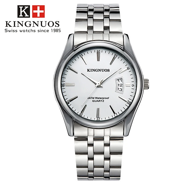 Relógio Masculino Branco Pulseira em Aço Prata King Quartzo Calendário