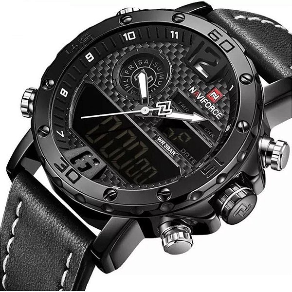 Relógio Masculino Preto Naviforce Esportivo Pulseira Couro
