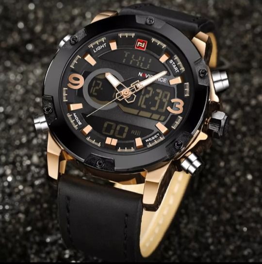 Relógio Masculino Preto Dourado Naviforce Esportivo Pulseira Couro