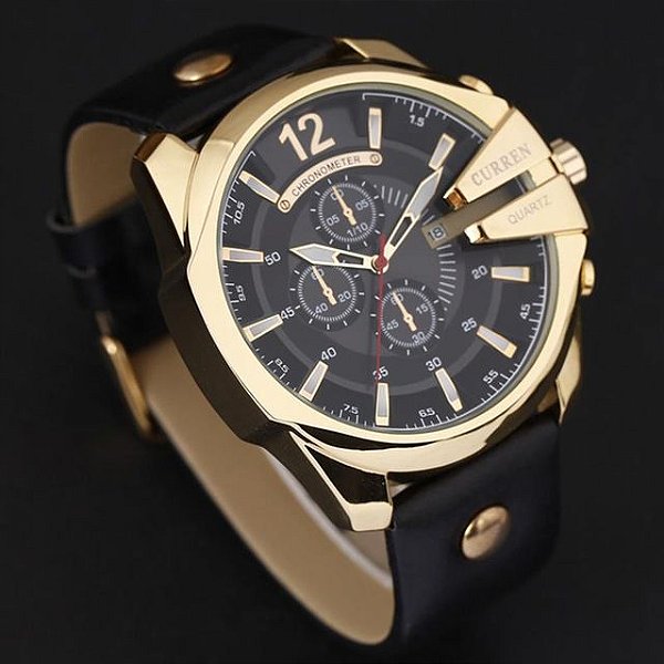 Relógio Masculino Curren Dourado com Fundo Preto Pulseira de Couro Preta Quartzo