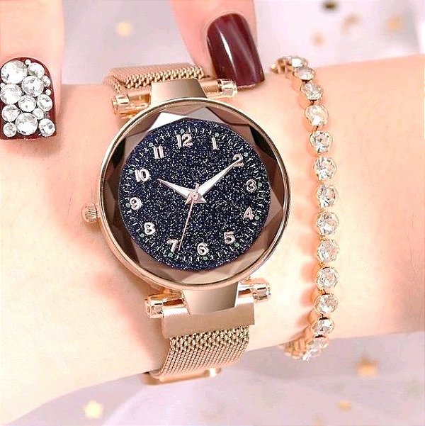 Relógio Feminino Strass Star Universe Pulseira Magnética Rose Gold Números