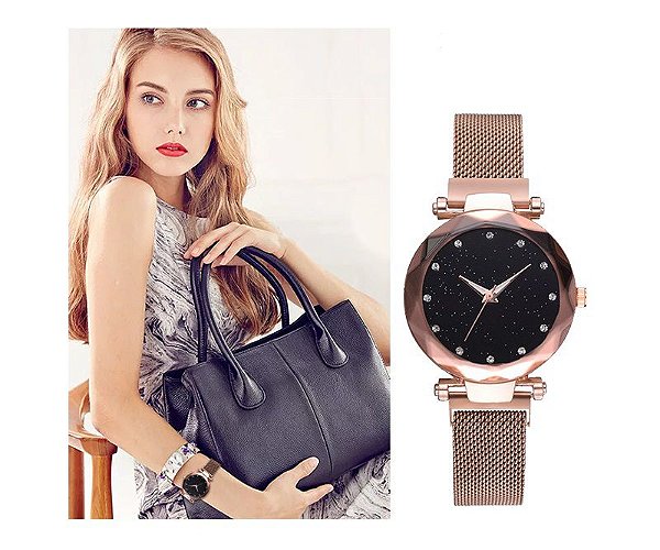 Relógio Feminino Strass Pulseira Magnética Rose Gold