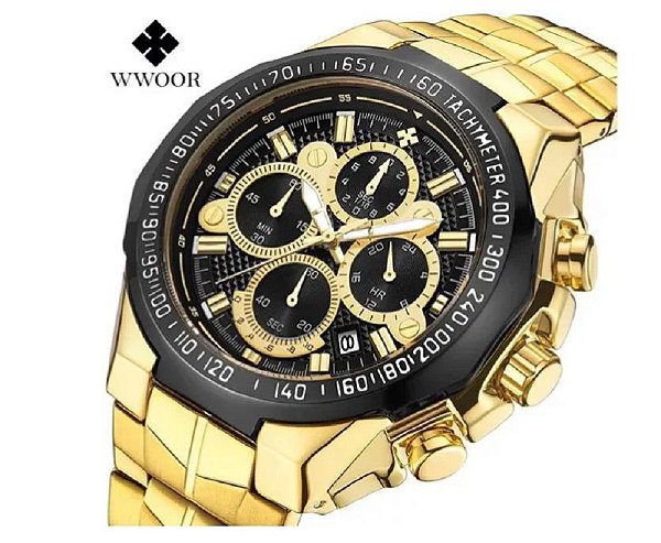 Relógio Dourado de Aço Masculino Cronógrafo Todo Funcional Quartzo
