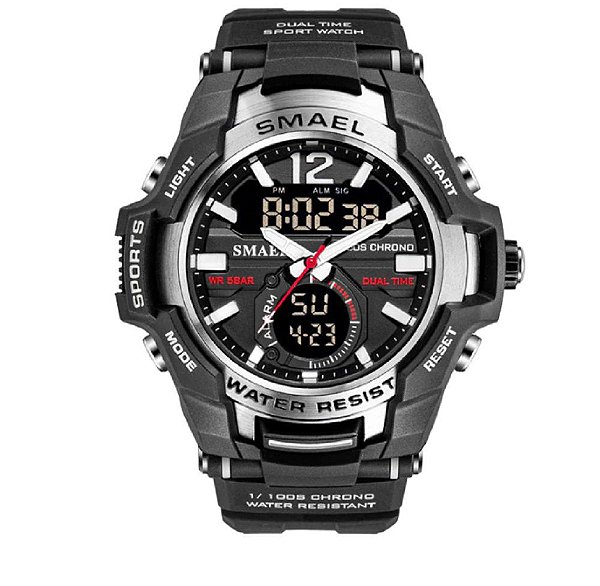 Relógio Masculino Preto com Prata Led Shock Esportivo Digital Smael
