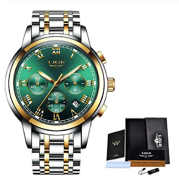 Relógio Masculino Dourado Verde em Aço Inox Lige Calendário Quartzo