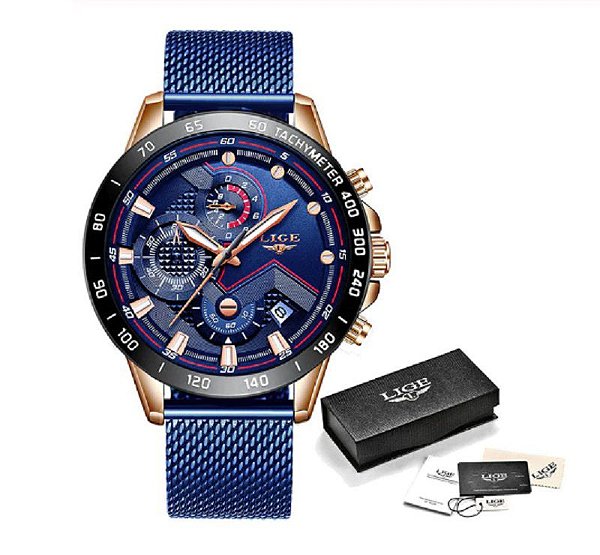 Relógio Masculino Aço Azul Inox Lige Calendário Quartzo L200