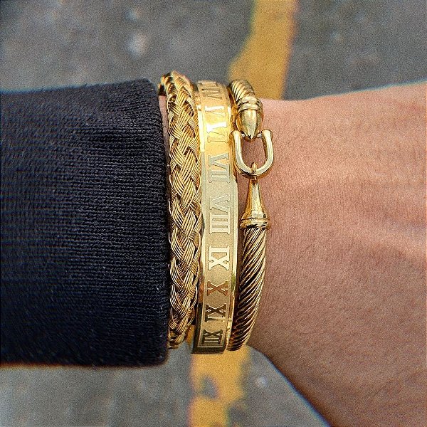 Pulseira Masculina em Aço Cirúrgico Luxuosa Conjunto com 3 Peças