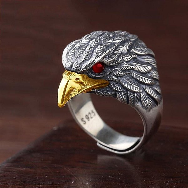 Anel Masculino Banhado Prata 925 Esterlina Águia Ajustável